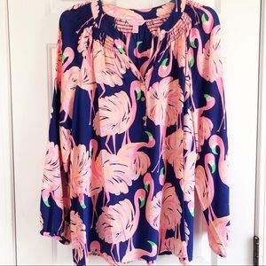 Lilly Pulitzer Navy & Pink Flamingo Silk Top